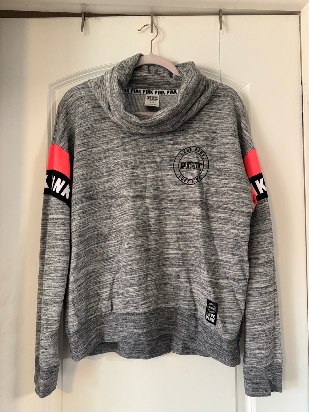 Victoria's Secret PINK Gray Funnel Neck Sweater with Neon Pink Accents